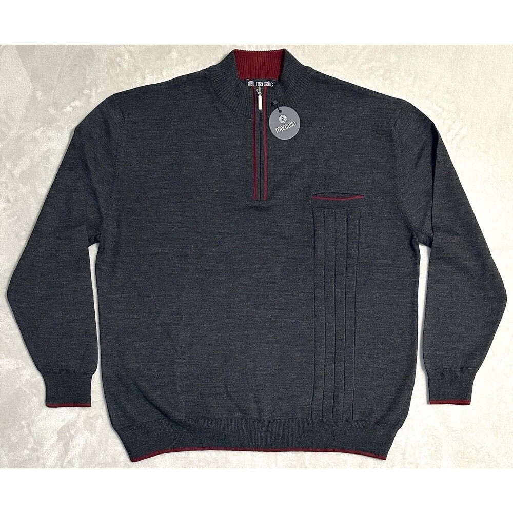 NWT Marcello Men's XL Charcoal Red Quarter Zip Mock Neck Knit Sweater Pullover